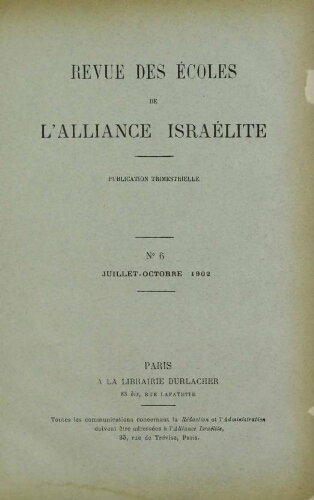 Revue des Ecoles de l’Alliance Israelite   N°06 (01 juil. 1902)